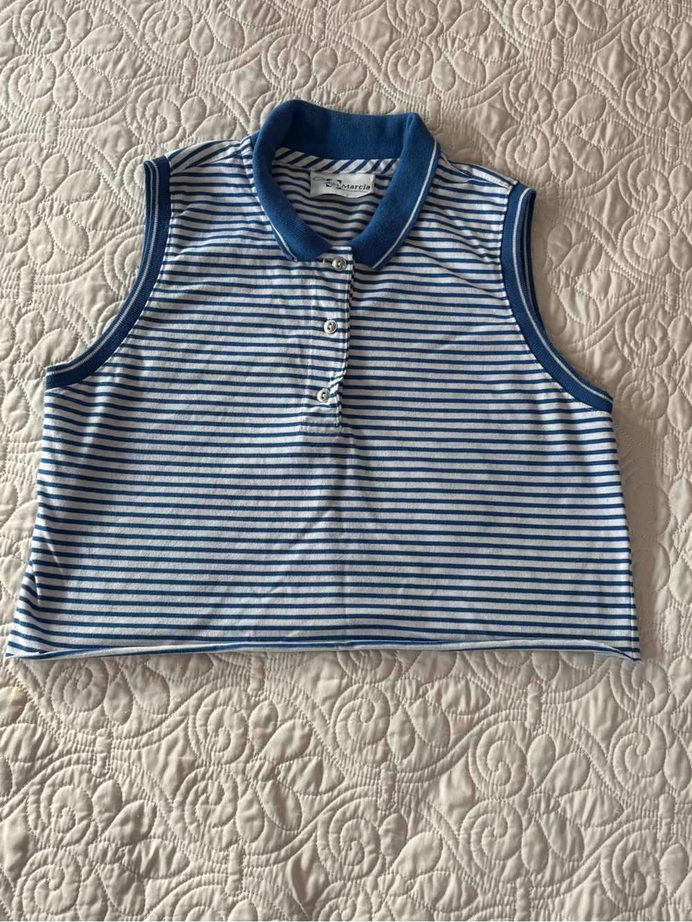 Striped Blue & White Sleeveless Polo Crop Top